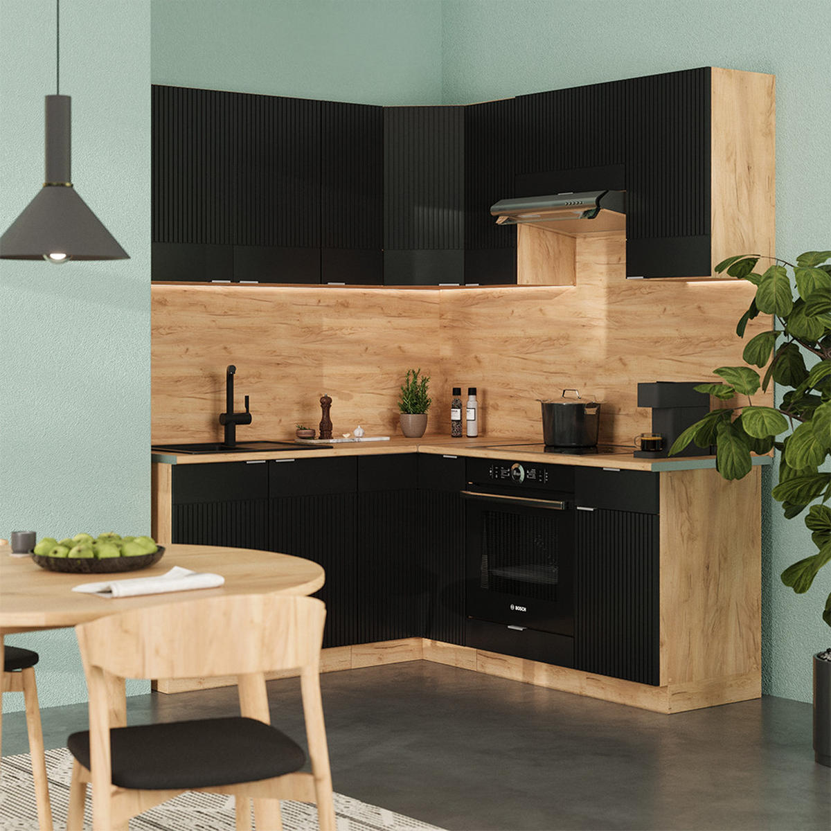 ECKKÜCHE Fame-Line, Schwarz gestreift/Goldkraft Eiche, 160 x 190 cm, AP Eiche - Honigeiche/Schwarz, Holzwerkstoff (190/81.6/60cm) - Vicco