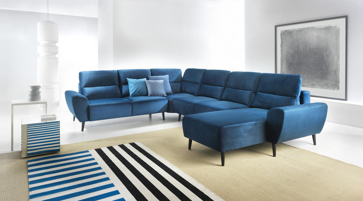 ECKSOFA BOSCO U-Form, Monolith-Stoff, freistehend, mit verstellbaren Kopfstützen, Sofa für Familien, Größe: 340x270x98cm, Farbe: Blau - Blau, Holz/Textil (340/270cm) - DomoHome