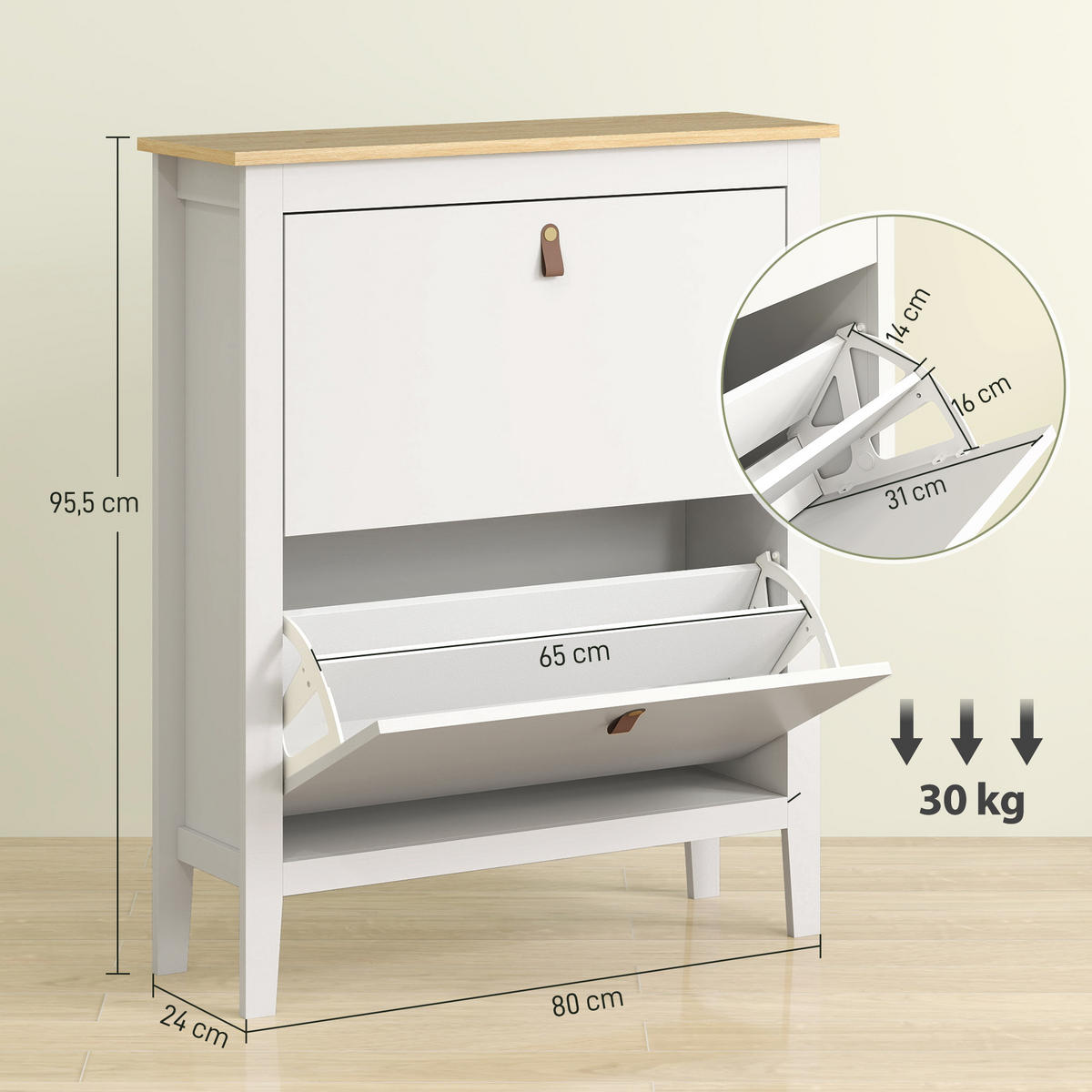 SCHUHSCHRANK Weiß MDF klappbar mit 2 Fächern 1 Stück - Weiß, Holzwerkstoff (80/95.5/24cm) - PANGIVO