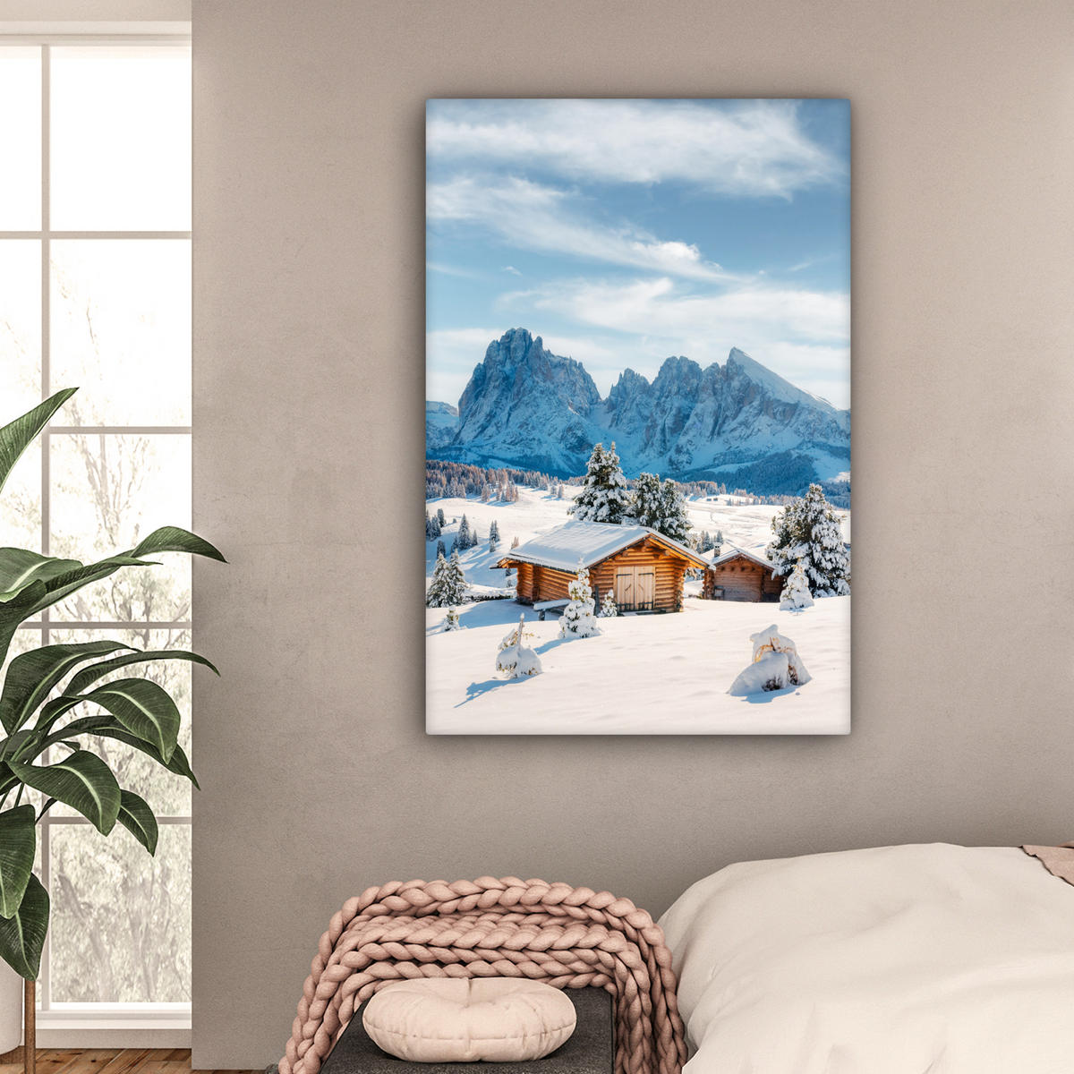 LEINWANDBILD Winter - Hütte - Berge - Aussicht - Schnee Deko XXL 80x120 cm - Eichefarben, Textil (80/120cm) - MuchoWow