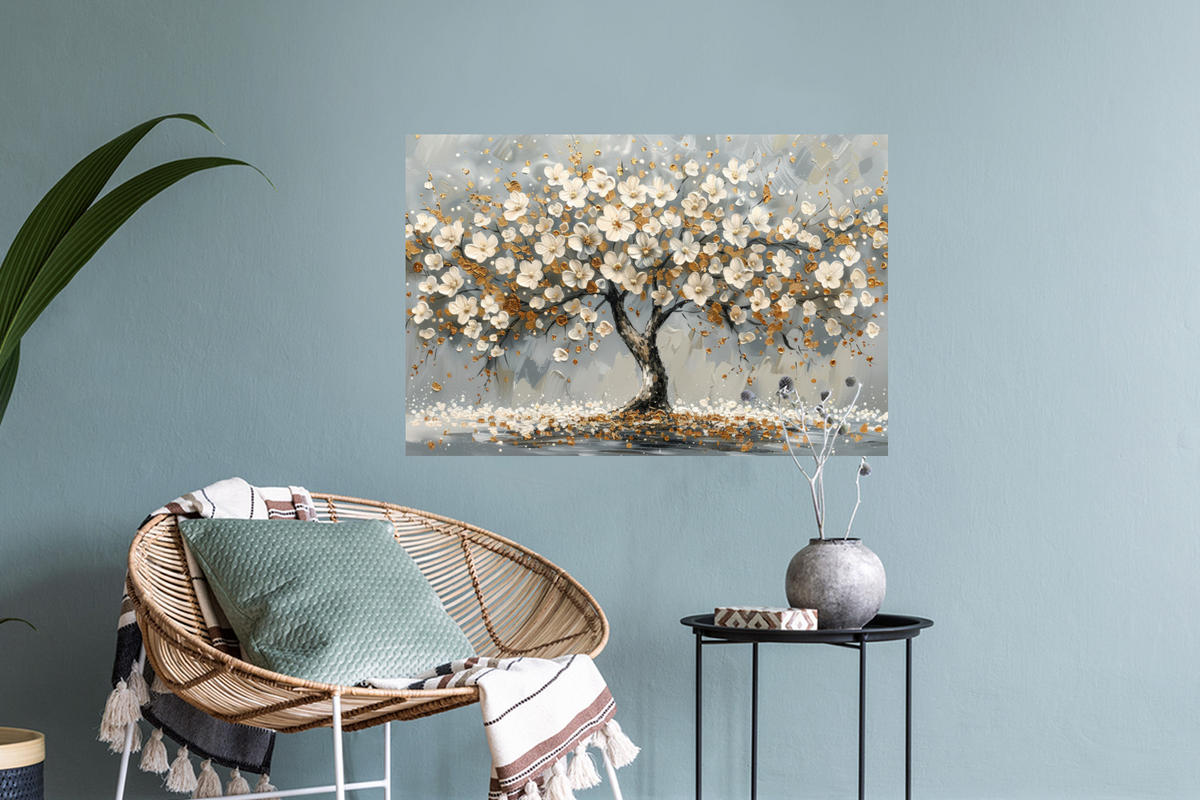 WANDTATTOO Baum - Blumen - Weiß - Natur - Kunst 60x40 cm - Weiß, Kunststoff (60/40/0.1cm) - MuchoWow