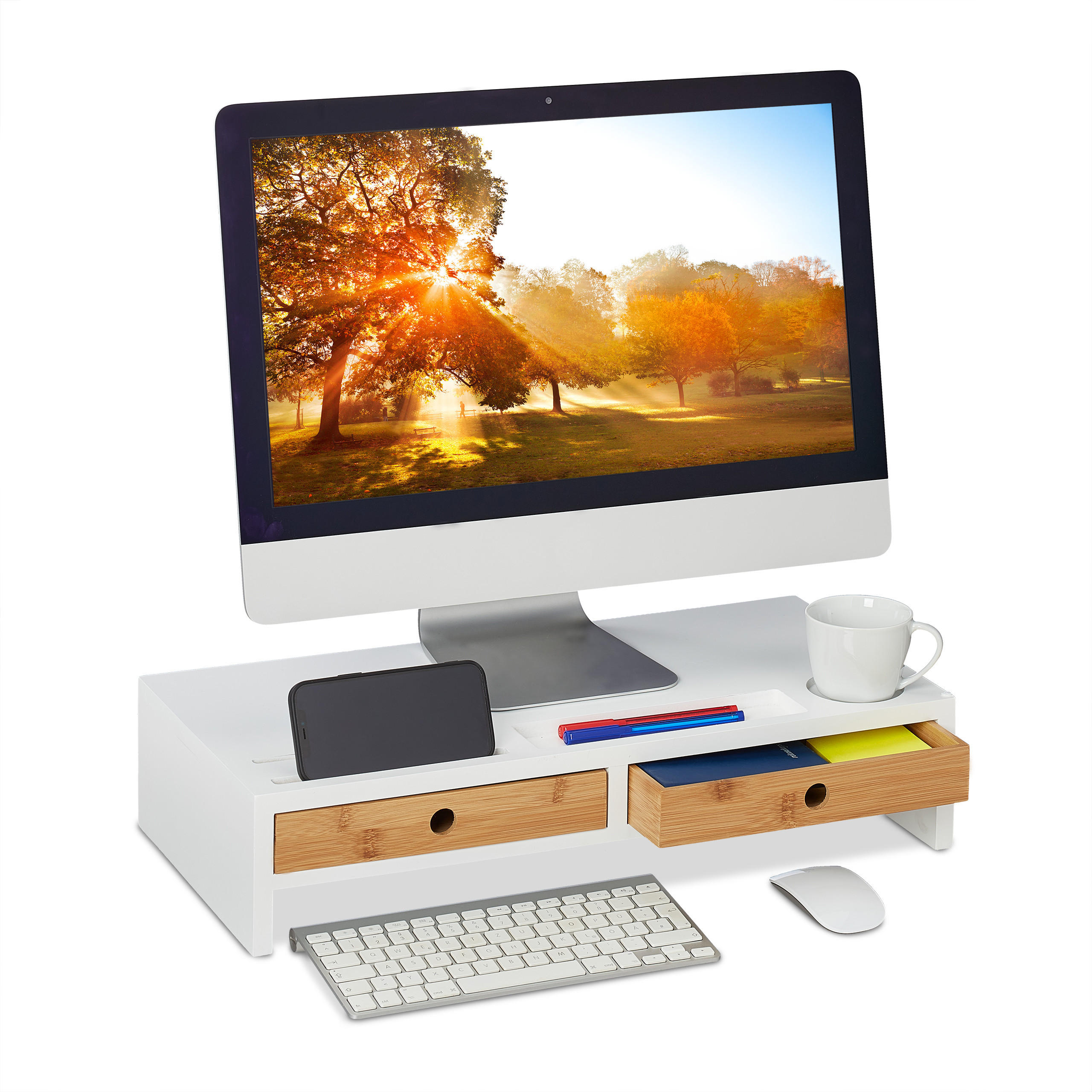 MONITORSTÄNDER Weiß Natur 2-Schubladen 12x56x27 cm - Multicolor, Holz/Holzwerkstoff (27/56/12cm) - Relaxdays