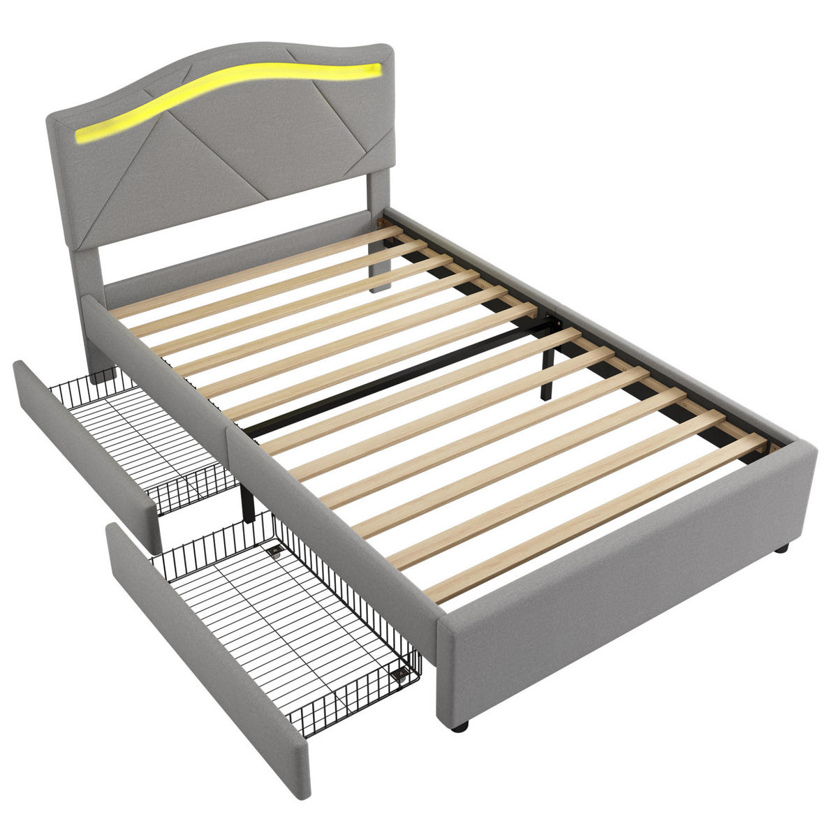 POLSTERBETT 90/200 cm mit LED-Beleuchtung, 2 Schubladen, verstellbarem Kopfteil und Lattenrost, Grau - Grau, Textil (90/200cm) - Redom