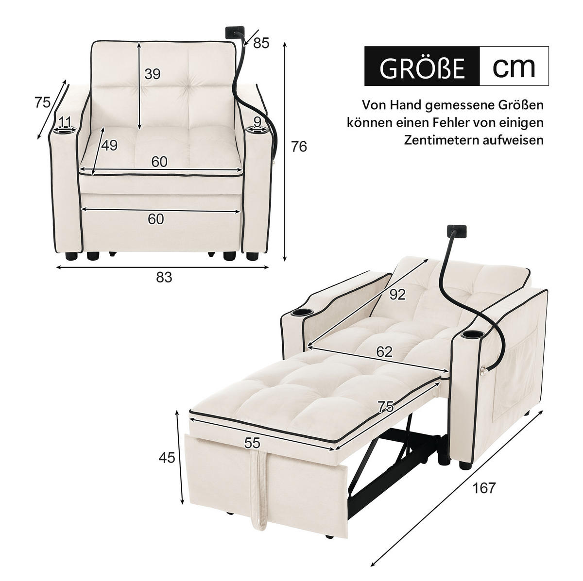SCHLAFSESSEL 3-in-1 ausziehbar 83x167x76 cm Samt Beige - Beige, Metall (167/76/83cm) - Meubliv