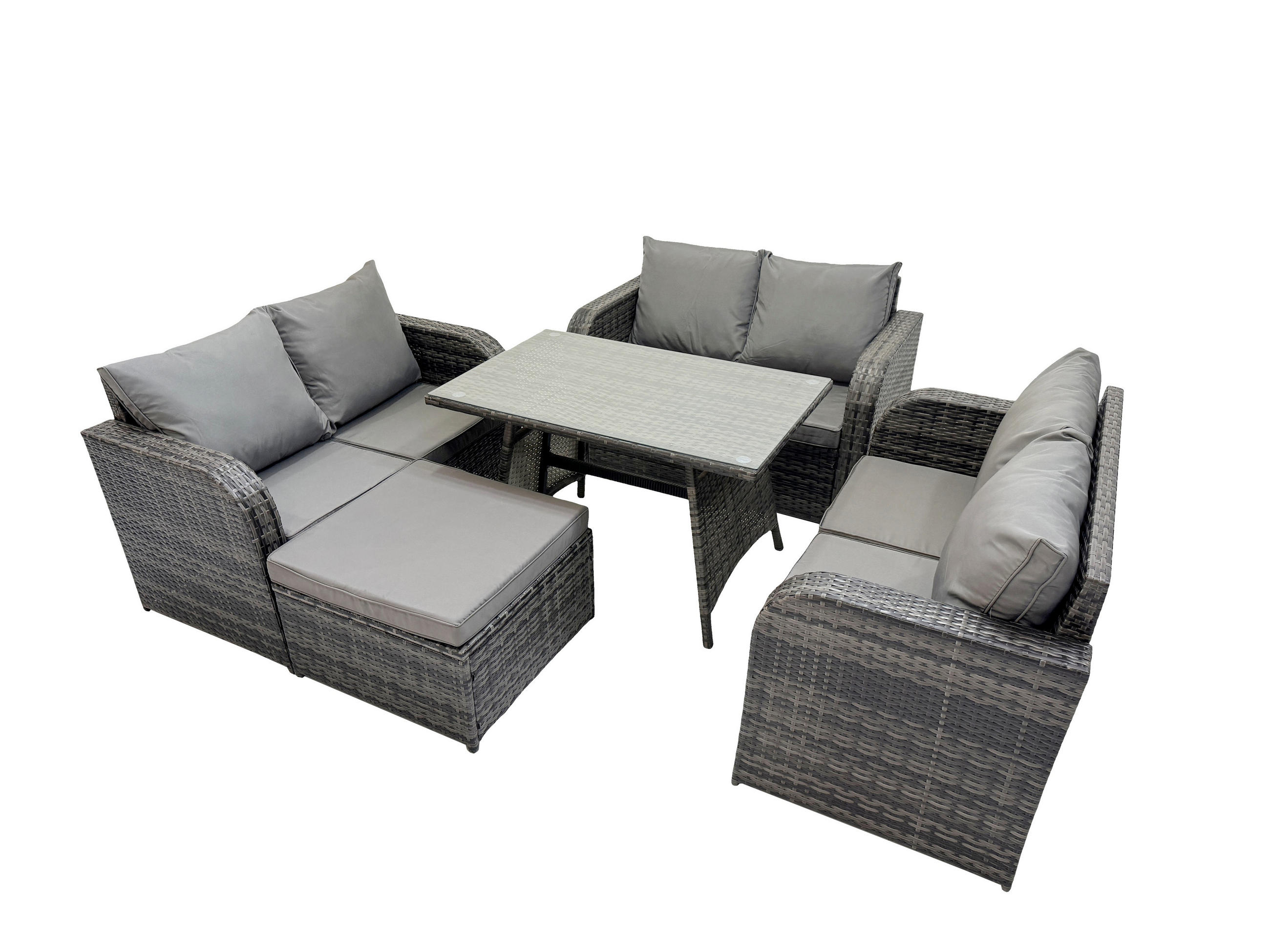 GARTENMÖBELSET mit ESSTISCH,SOFA Polyrattan 7-Sitzer - Dunkelgrau/Grau, Glas/Kunststoff - Fimous