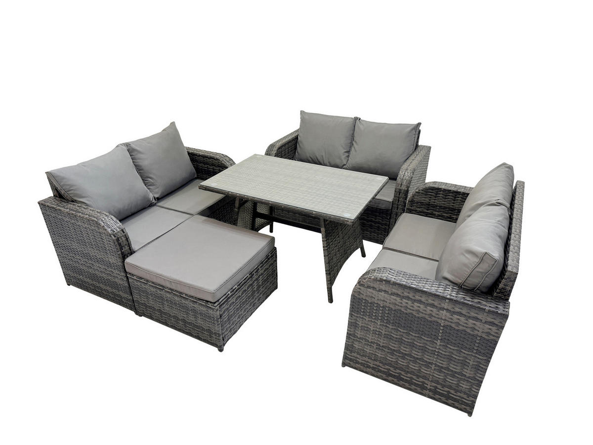 GARTENMÖBELSET mit ESSTISCH,SOFA Polyrattan 7-Sitzer - Dunkelgrau/Grau, Glas/Kunststoff - Fimous