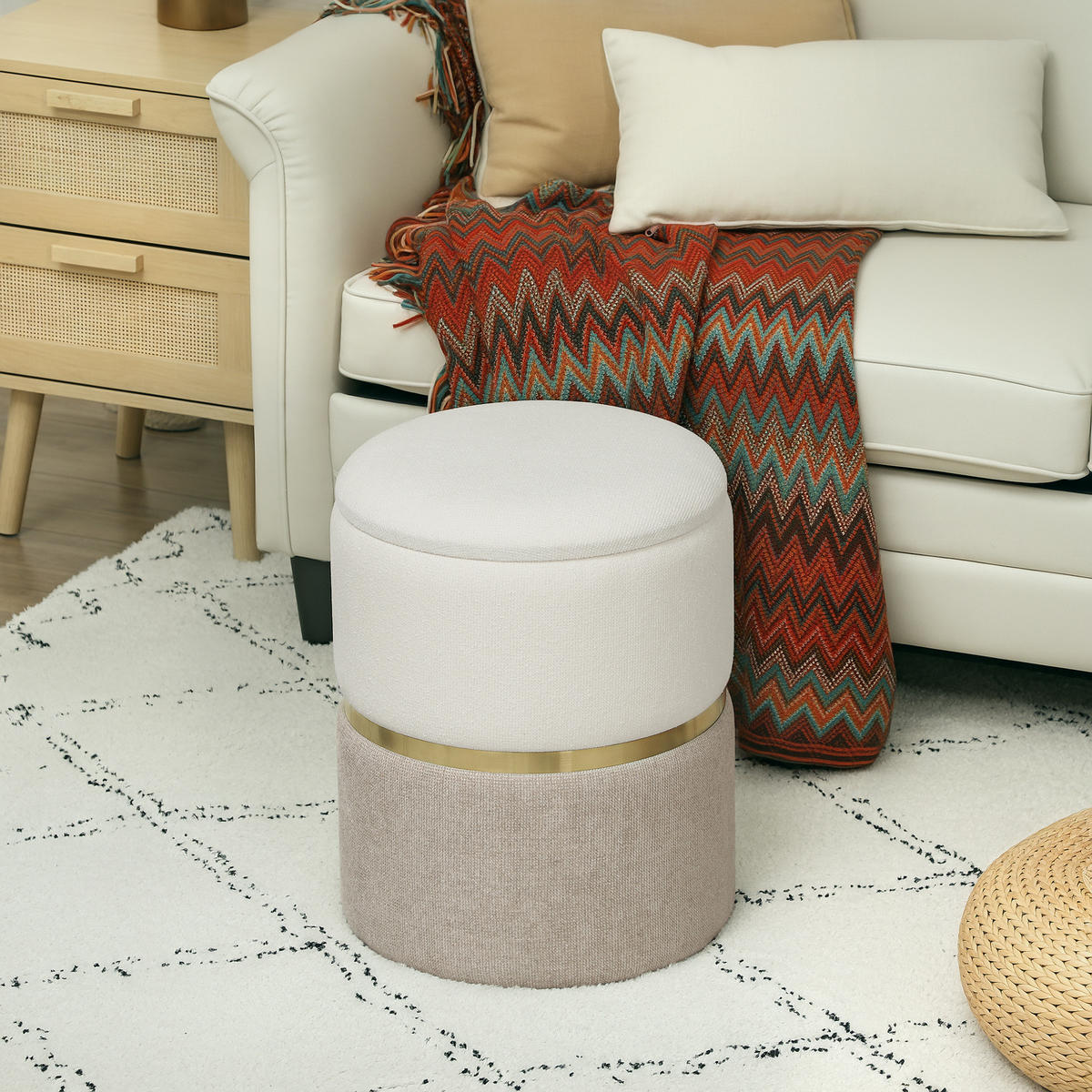 SITZHOCKER mit Stauraum Hocker mit Deckel, Metallring, zweifarbig Design Rund - Creme, Kunststoff (36/44/36cm) - HOMCOM