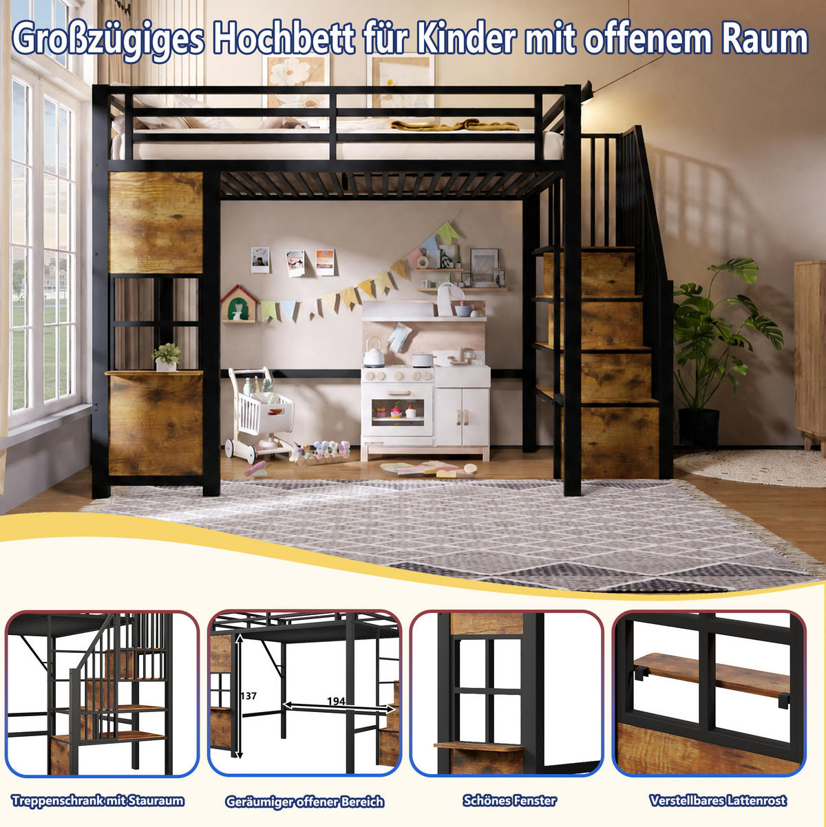 HOCHBETT 90/200 cm aus Metall und MDF mit Stauraumleiter, Schwarz - Schwarz, Holzwerkstoff (90/200cm) - OKMYHOME