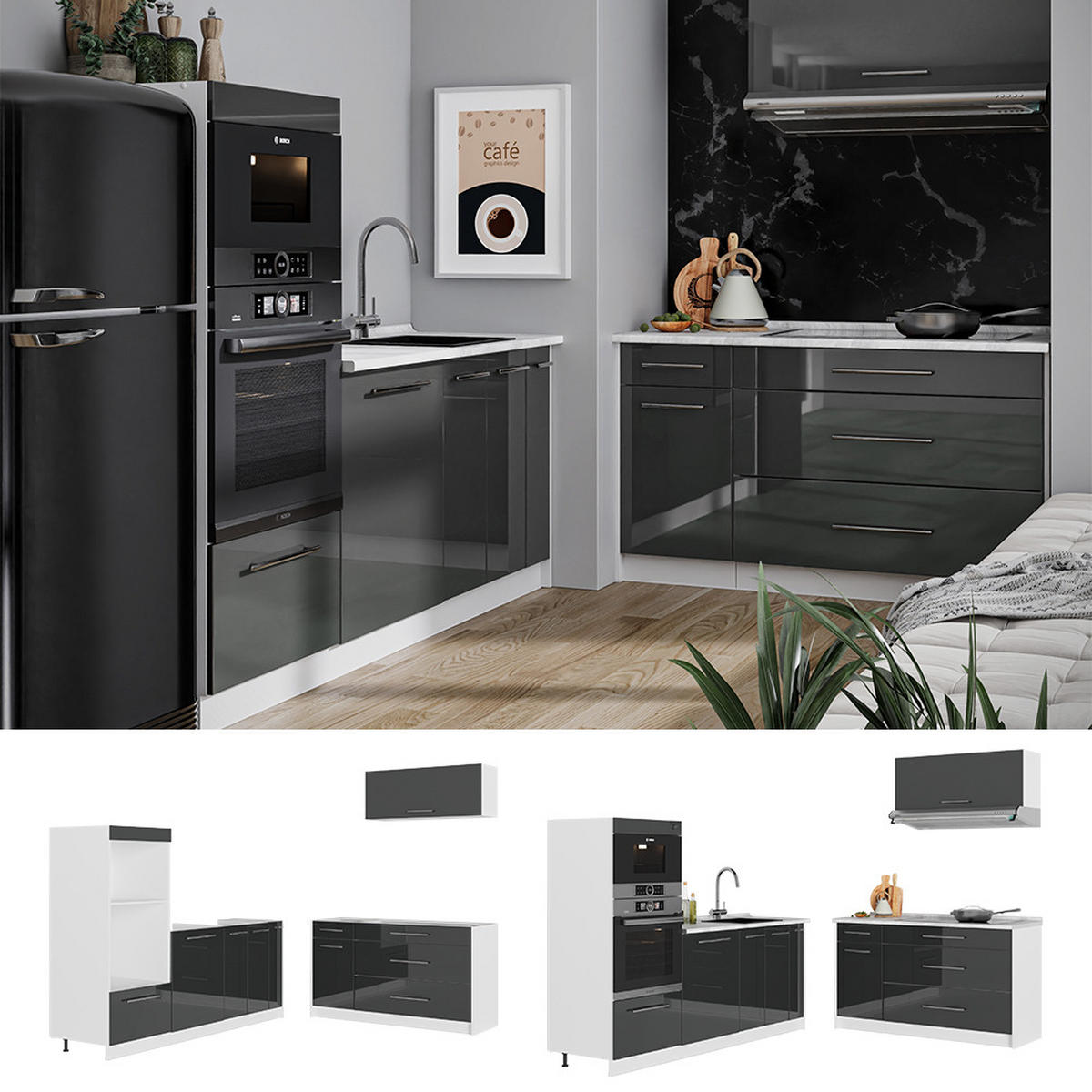 KUCHYŇA Fame-Line, Antracit vysoký lesk/biely, 340 cm, AP Oak - biela/čierna s vysokým leskom, kompozitné drevo (340/153.6/60cm) - Vicco