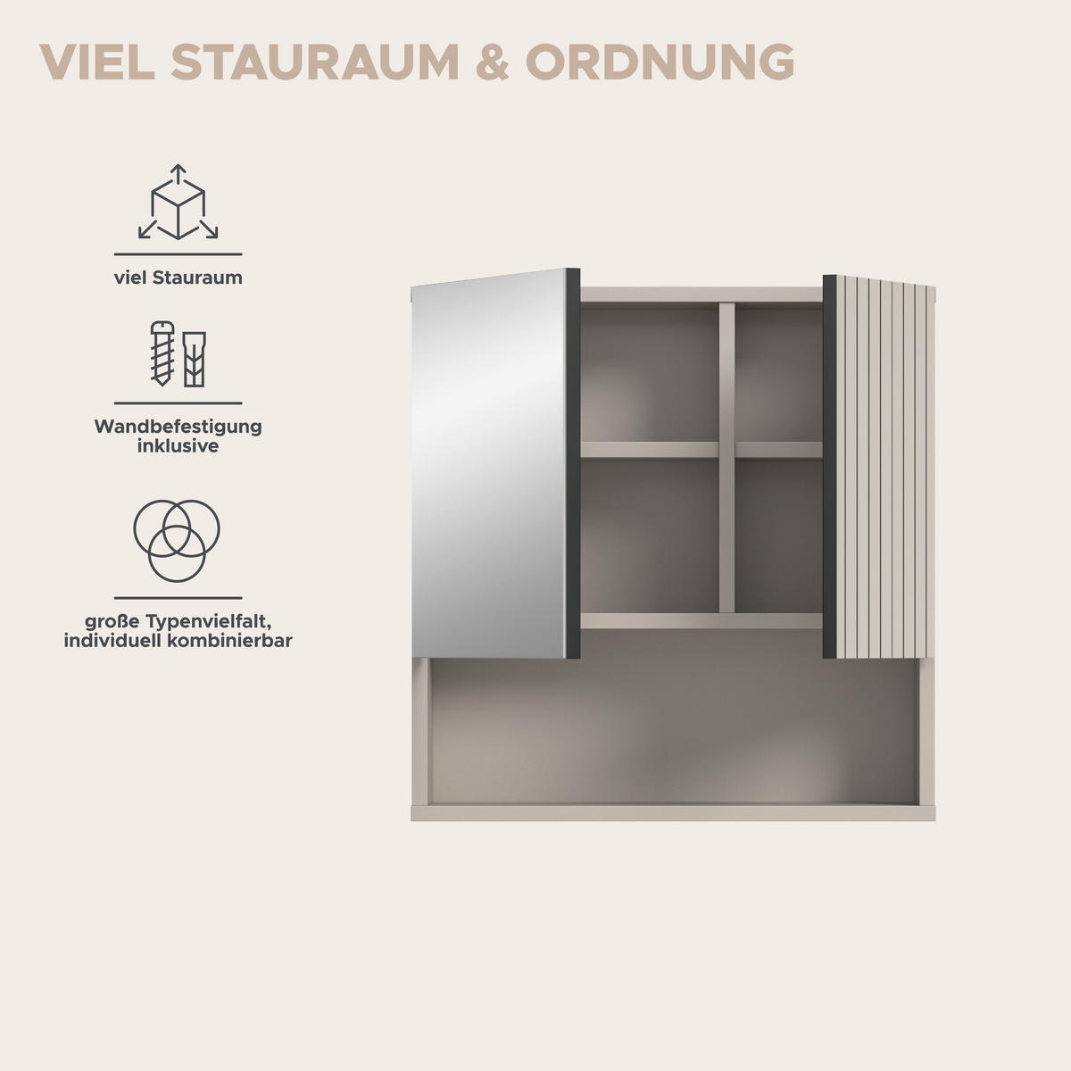 SPIEGELSCHRANK MONE (B/H/T: ca. 60/55/17 cm) in Kaschmir/Kaschmir - Sandfarben, Holzwerkstoff (60/55/17cm)
