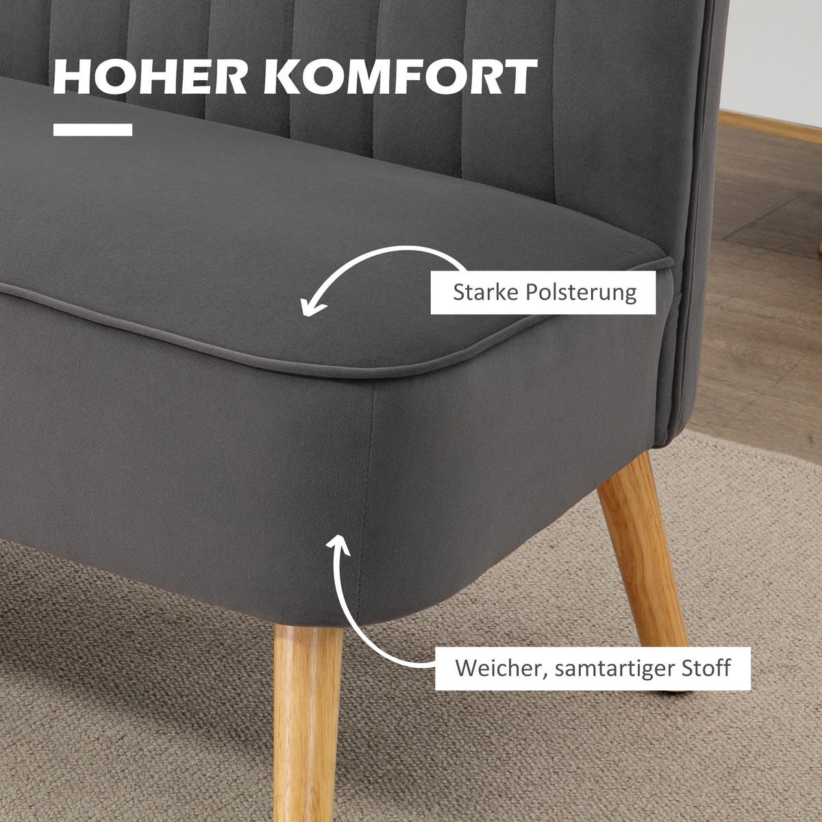 2-SITZER Sofa Zweisitzer, Loveseat mit Leinenoptik, Doppelsofa mit Holzbeine - Dunkelgrau/Naturfarben, Holz/Textil (56.5/77/117cm) - HOMCOM