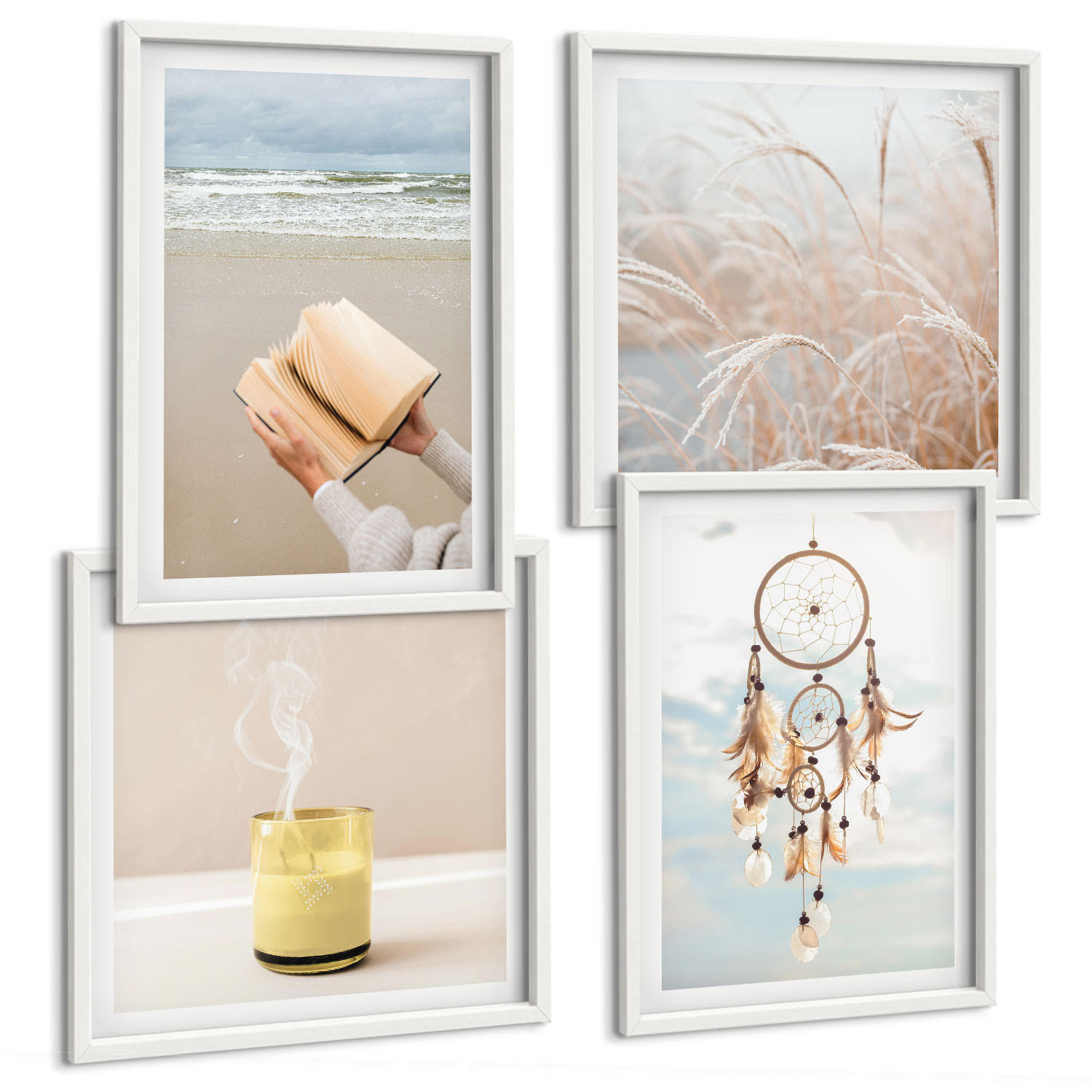 BILDER SET 4er Set - 50x50 cm & 40x60 cm Weißer Rahmen - Sommerlandschaften im Boho-Stil - Weiß, Kunststoff (50/50cm) - TULUP