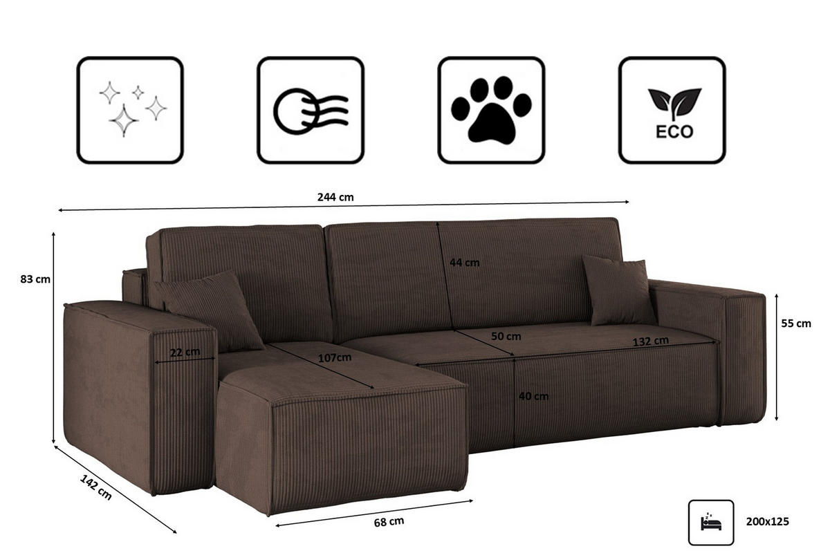 ECKSOFA Mit Schlaffunktion Und Bettkasten BEST Stoff Poso Dicker Cord Braun Links - Braun, Holz/Textil (142/244cm) - Kaiser Möbel