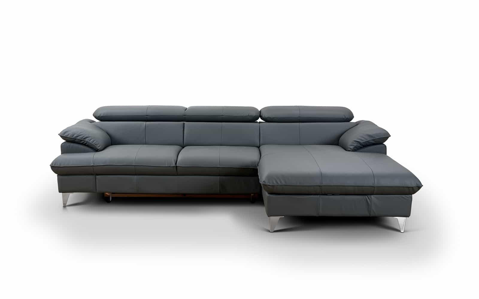 ECKSOFA mit Schlaffunktion und Bettkasten, Echtleder - Chromfarben/Anthrazit, Leder/Holz (167/254cm) - Cotta