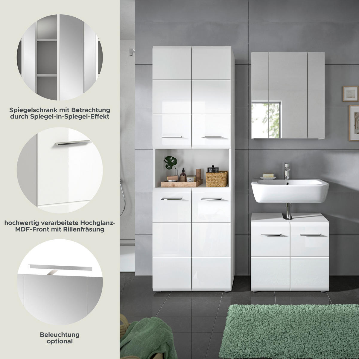 BADKOMBINATION Ice 135x185x30 cm weiß Hochglanz MDF 3tlg. - Weiß, Holz (135/185/30cm)