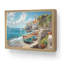NÁSTĚNNÁ LAMPA S AKUMULÁTOREM Lodě - skály - moře - slunce 40x30 cm - modrá, kompozitní dřevo (40/30/8cm) - OnlyWow