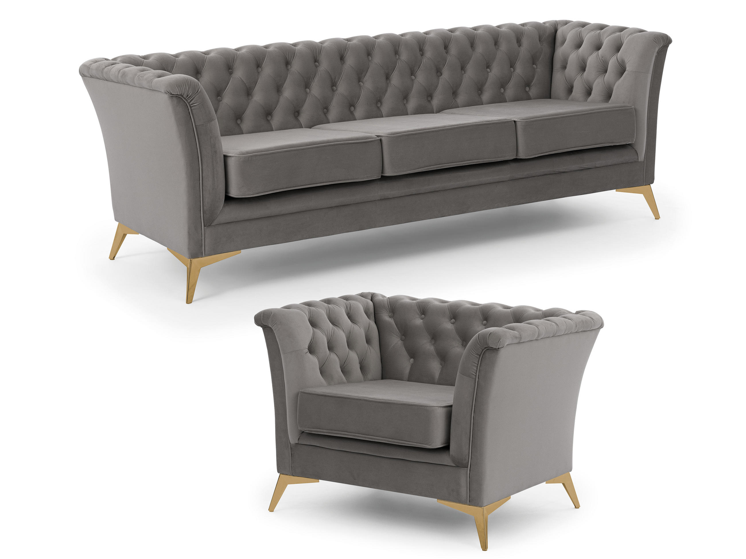 SITZGARNITUR 3+1 Chesterfield Whitby Grau Samt mit goldenen Füßen - Goldfarben/Grau, Holz/Textil (237/78/82cm) - S-Style Möbel