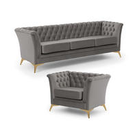 SITZGARNITUR 3+1 Chesterfield Whitby Grau Samt mit goldenen Füßen - Goldfarben/Grau, Holz/Textil (237/78/82cm) - S-Style Möbel