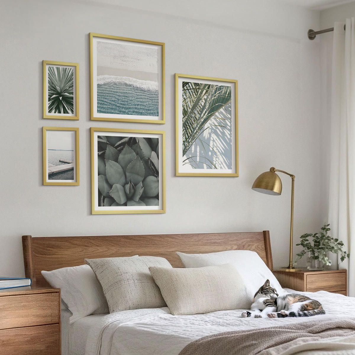 WANDBILDER 5er Set - 50x50 cm & 20x30 cm & 40x60 cm Goldrahmen - Hängebrücke aus Palmenblättern - Goldfarben, Kunststoff (40/60cm) - ArtPrintCave