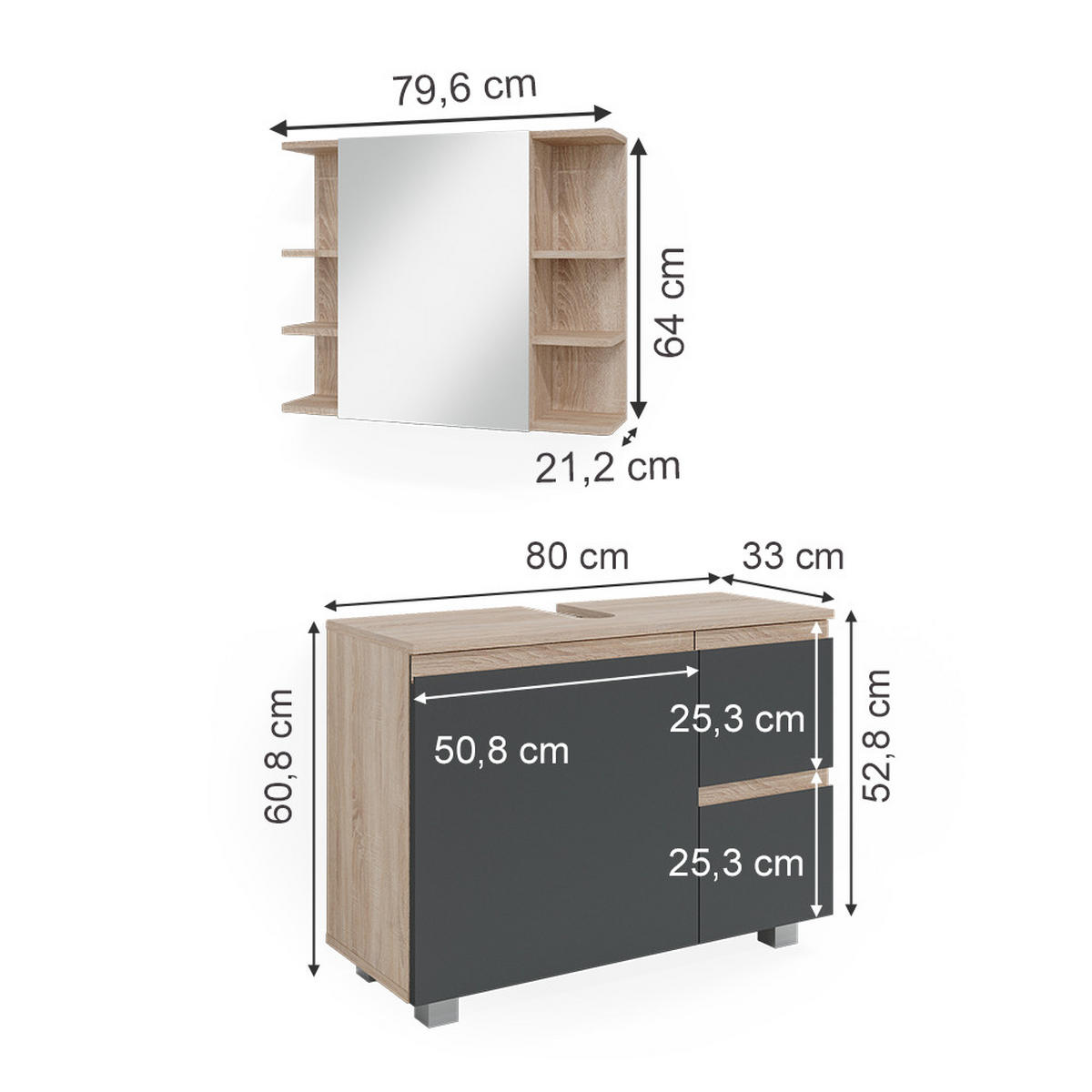 BADMÖBEL-SET J-Shape Sonoma 2 Teile - Anthrazit/Sonoma Eiche, Holzwerkstoff (80/60/33cm) - Vicco