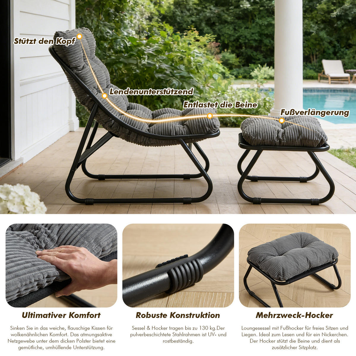 SESSELSET, Relaxsessel mit Hocker,Stahlrahmen,Cord,Grau - Dunkelgrau, Metall (78/86/65cm) - LVHOM