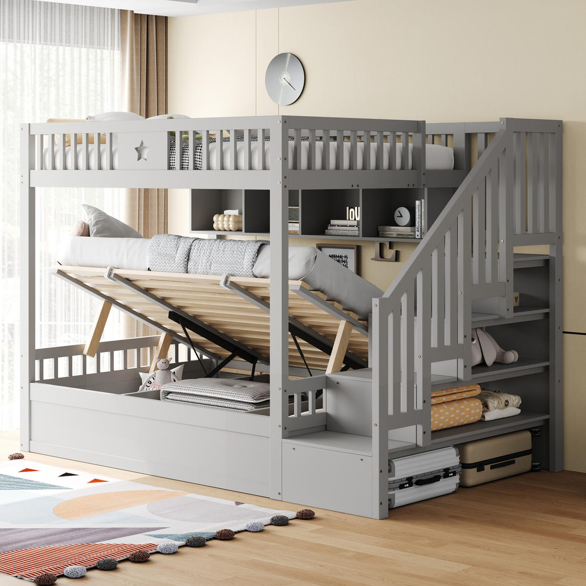 HOCHBETT 140x200 Grau Holz Stauraumtreppe Regal - Grau, Holz (140/200cm) - FLIEKS