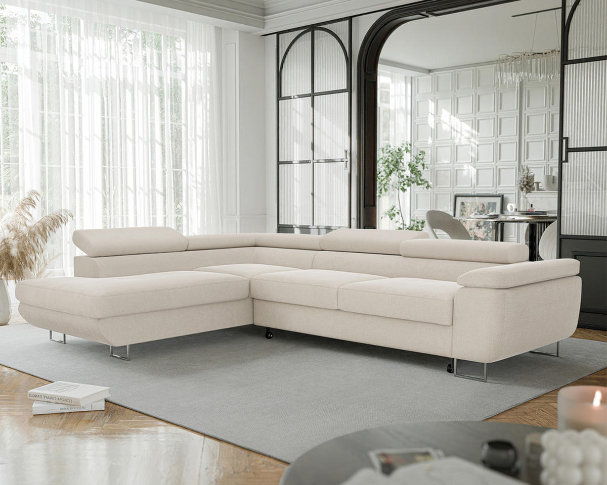 ECKSOFA ANTON mit Schlaffunktion und Bettkasten Creme - Creme, Holzwerkstoff/Kunststoff (274/203cm) - Idohome