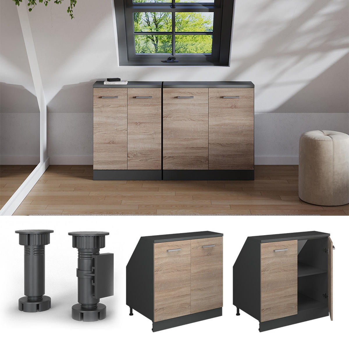 ŠIKMÁ SKRIŇA Rion Sonoma 80 x 81.6 cm s 2 dverami, korpus skrine hĺbka 60 cm - antracitová/dub sonoma, kompozitné drevo (80/83.8/60cm) - Vicco