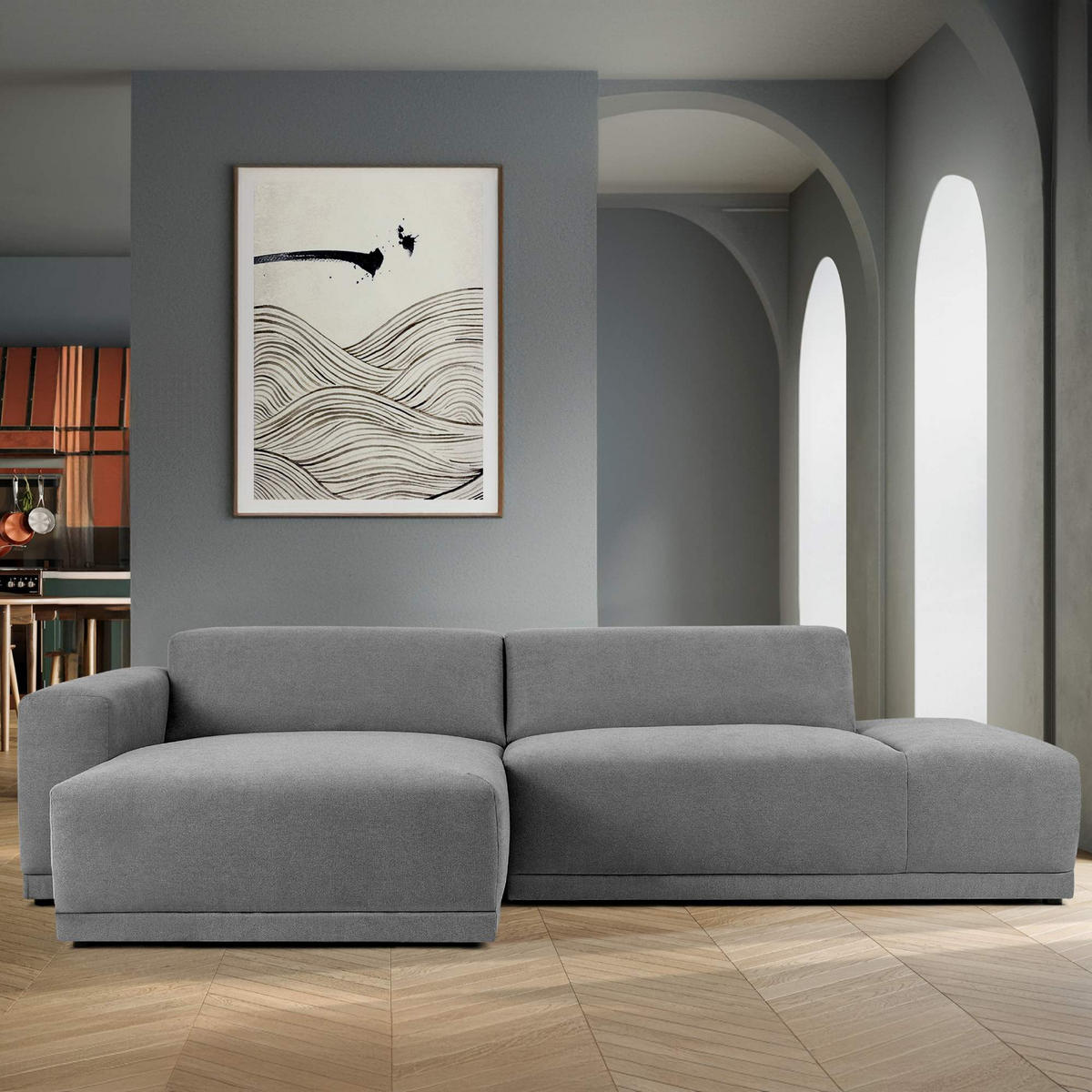 ECKSOFA LINKS MUDI in moderner Optik mit hochwertigem Kaltschaum, Cord-Stoff, Aschgrau - Schwarz/Grau, Textil (280/160cm) - KONSIMO®