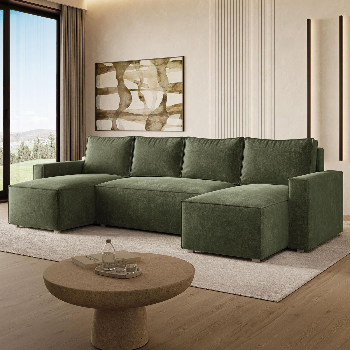 WOHNLANDSCHAFT ASPRA LM Grün Chenille mit Schlaffunktion - Grün, Holz (295/85/140cm) - MASSENO