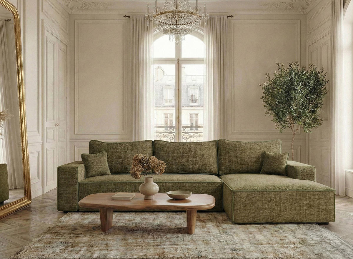 ECKSOFA MIT SCHLAFFUNKTION Modo Hellblau Chenille-Stoff - Rechts Seite - Schwarz/Olivgrün, Holz/Holzwerkstoff (294/185cm) - Maison de Reve