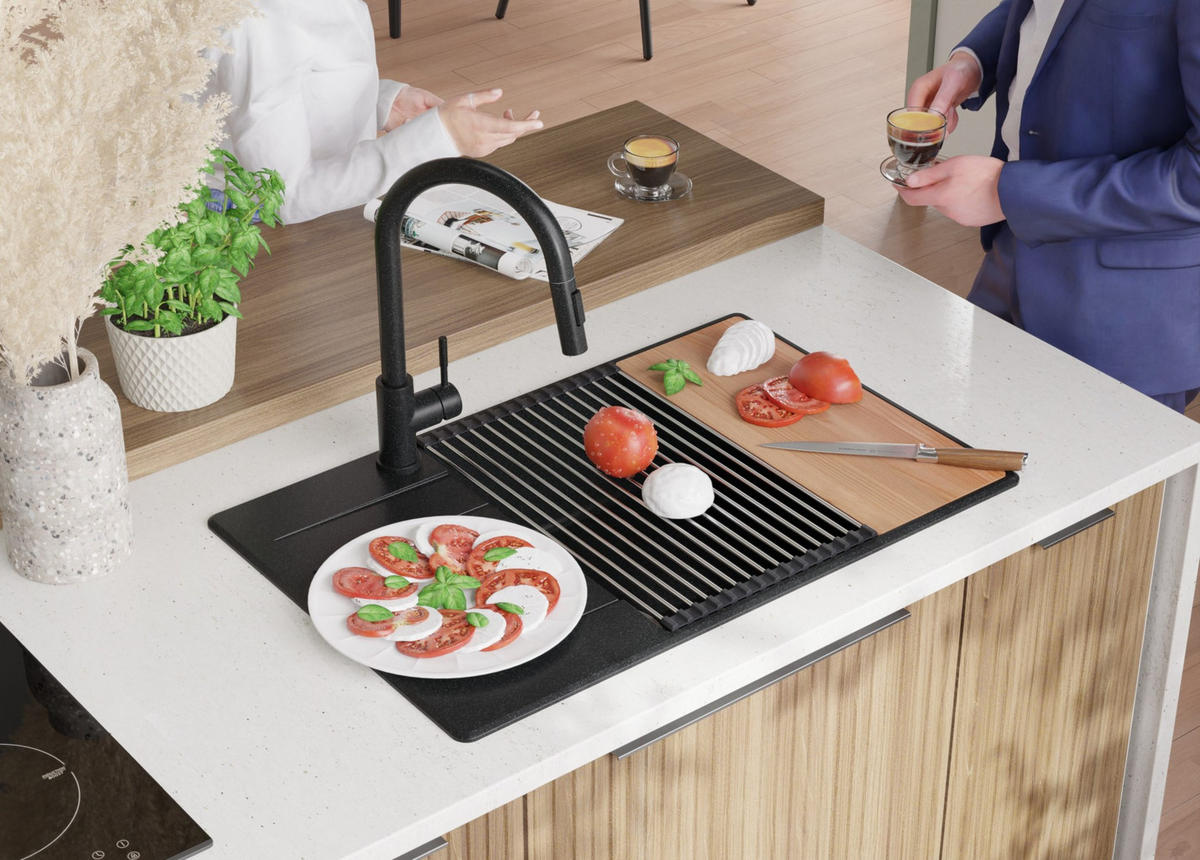 SPÜLBECKEN Kopenhagen, 2-er set Anthrazit 78/50 cm 1 Becken + Ablauf-Set + Schneidebrett ab 60er Unterschrank - Chromfarben/Anthrazit, Kunststoff (78/20/50cm) - Primagran