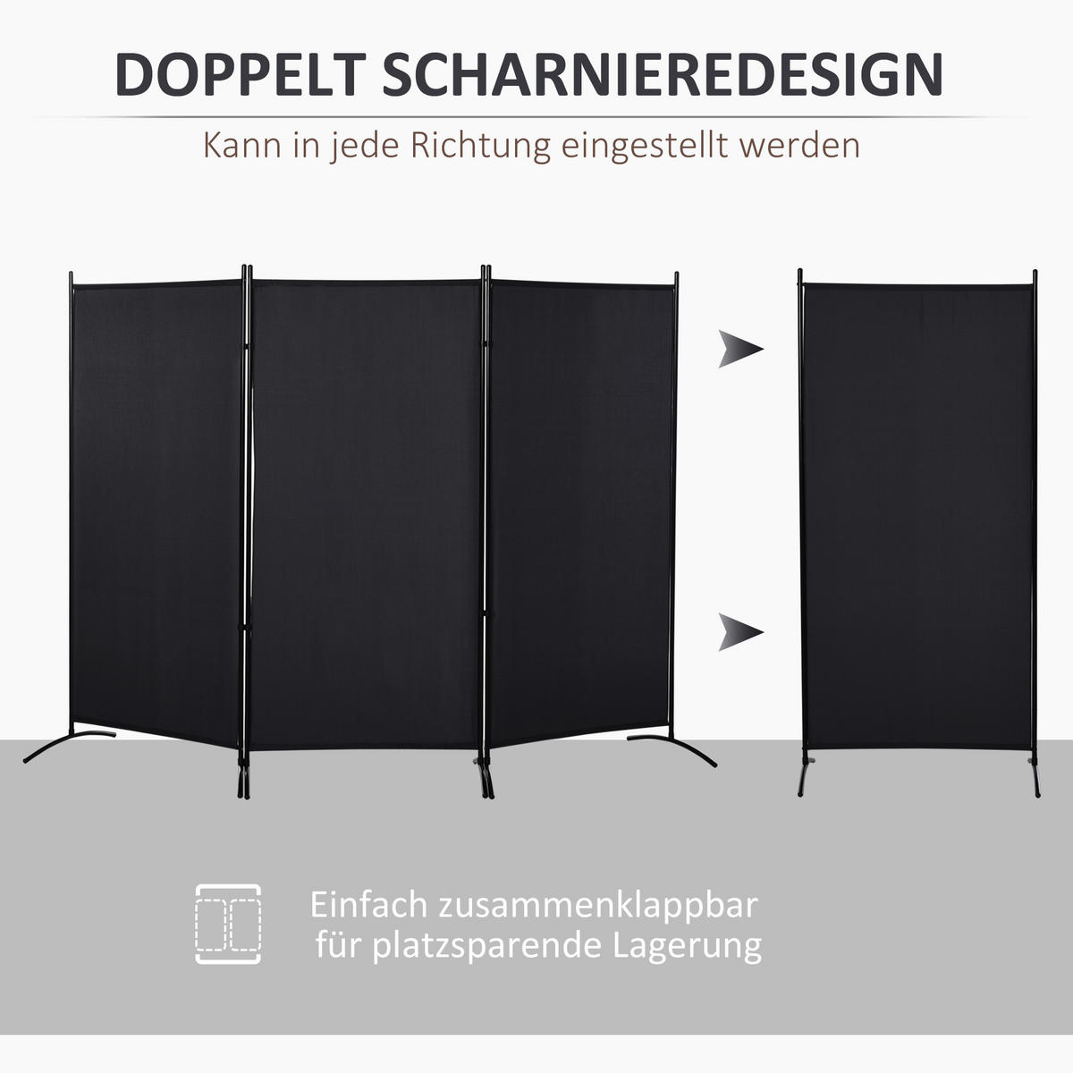 PARAVANT aus Polyester und Metall Schwarz - Schwarz, Metall (50/182cm) - HOMCOM