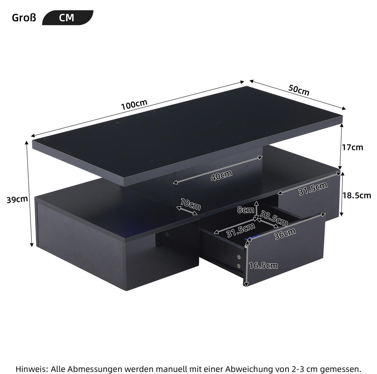 COUCHTISCH 100/50/39 cm schwarz aus Spanplatte mit LED-Licht und Stauraum - Schwarz, Holzwerkstoff (100/50/39cm) - OKMYHOME