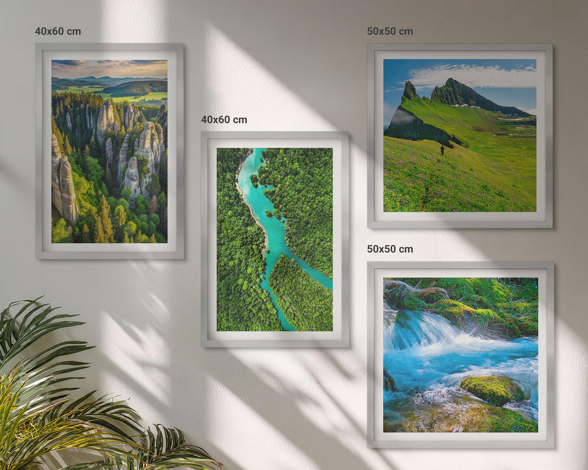 WANDBILDER 4er Set - 50x50 cm & 40x60 cm Silberner Rahmen - Grüne Berge, Flussfelsen - Silberfarben, Kunststoff (50/50cm) - ArtPrintCave