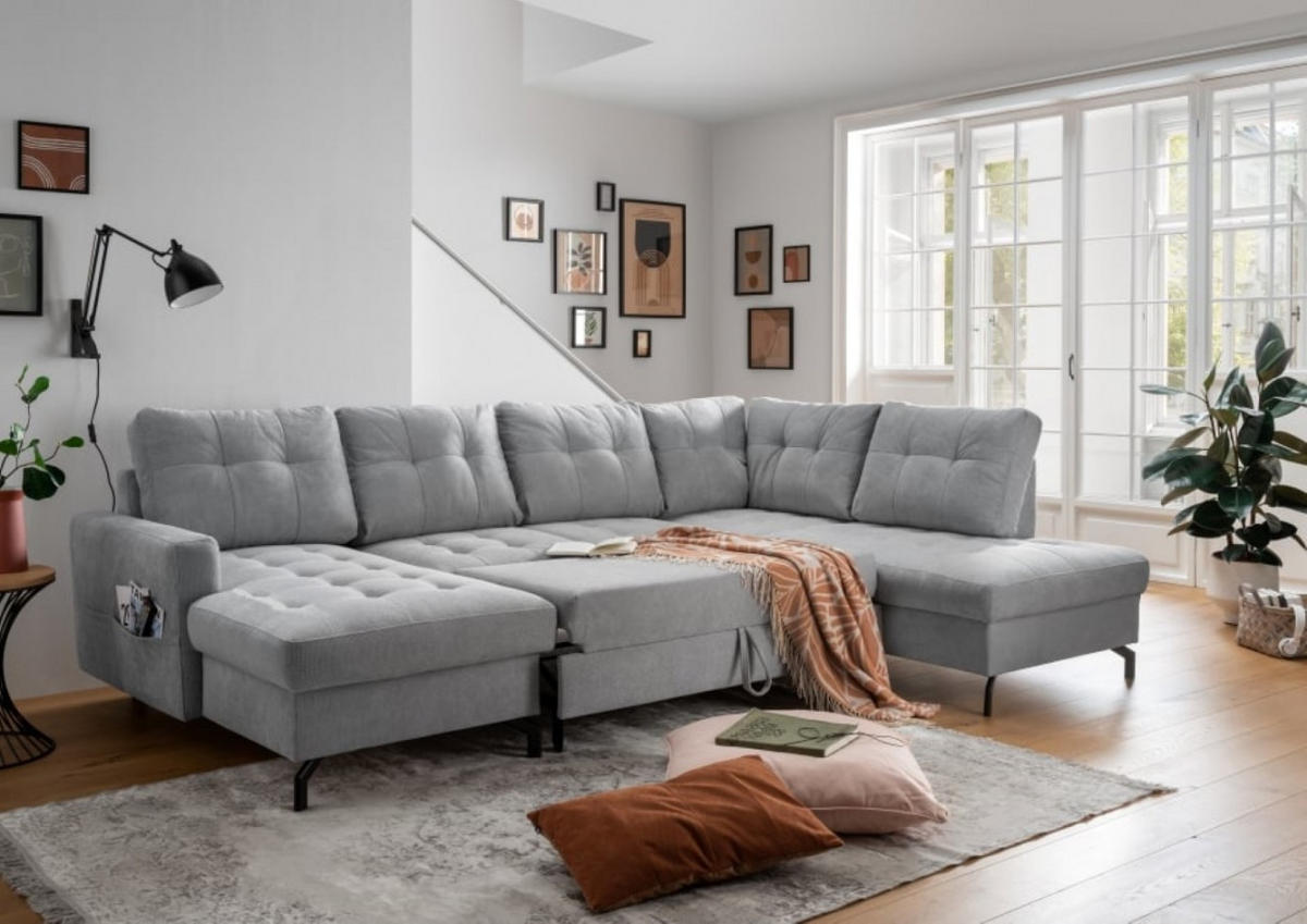 WOHNLANDSCHAFT mit Schlaffunktion und Bettkasten - Schwarz/Grau, Textil/Metall (200/92/305cm) - myHomelando