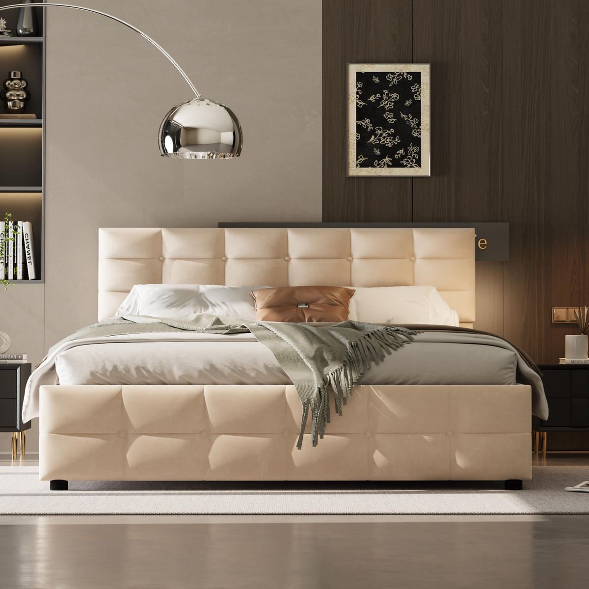 POLSTERBETT 180/200 cm in Beige Samt mit Bettkasten - Beige, Holzwerkstoff/Textil (180/200cm) - WISHDOR