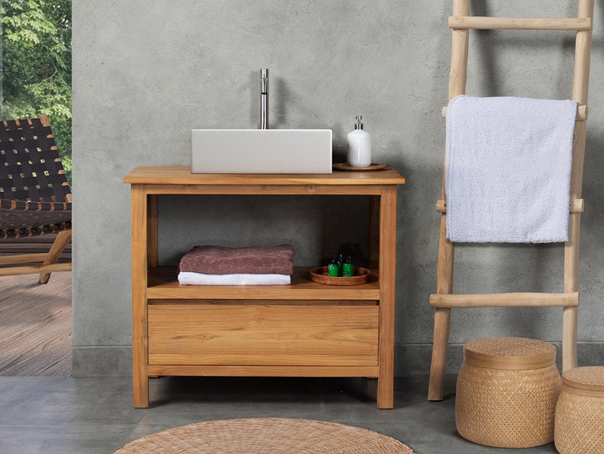EINZELWASCHTISCH - 90 cm x 50 cm - Keramik, Holz, Platte - Naturfarben Hell - KETAPANG - Naturfarben, Keramik/Holz (135/75/50cm) - Vente-Unique