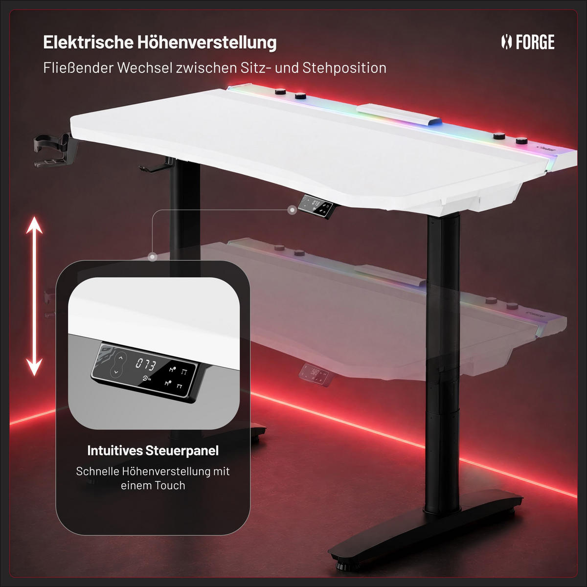 ELEKTRISCH verstellbarer Gaming-Schreibtisch X-Forge 120 x 70 cm - Schwarz/Weiß, Metall (70/160/73cm) - Diablo Chairs