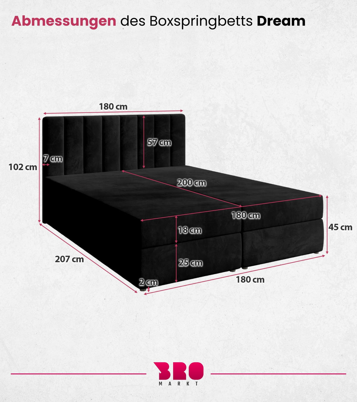 BOXBETT Denver mit Topper 180/200 Schwarz - Schwarz, Holzwerkstoff/Textil (180/200cm) - Bromarkt
