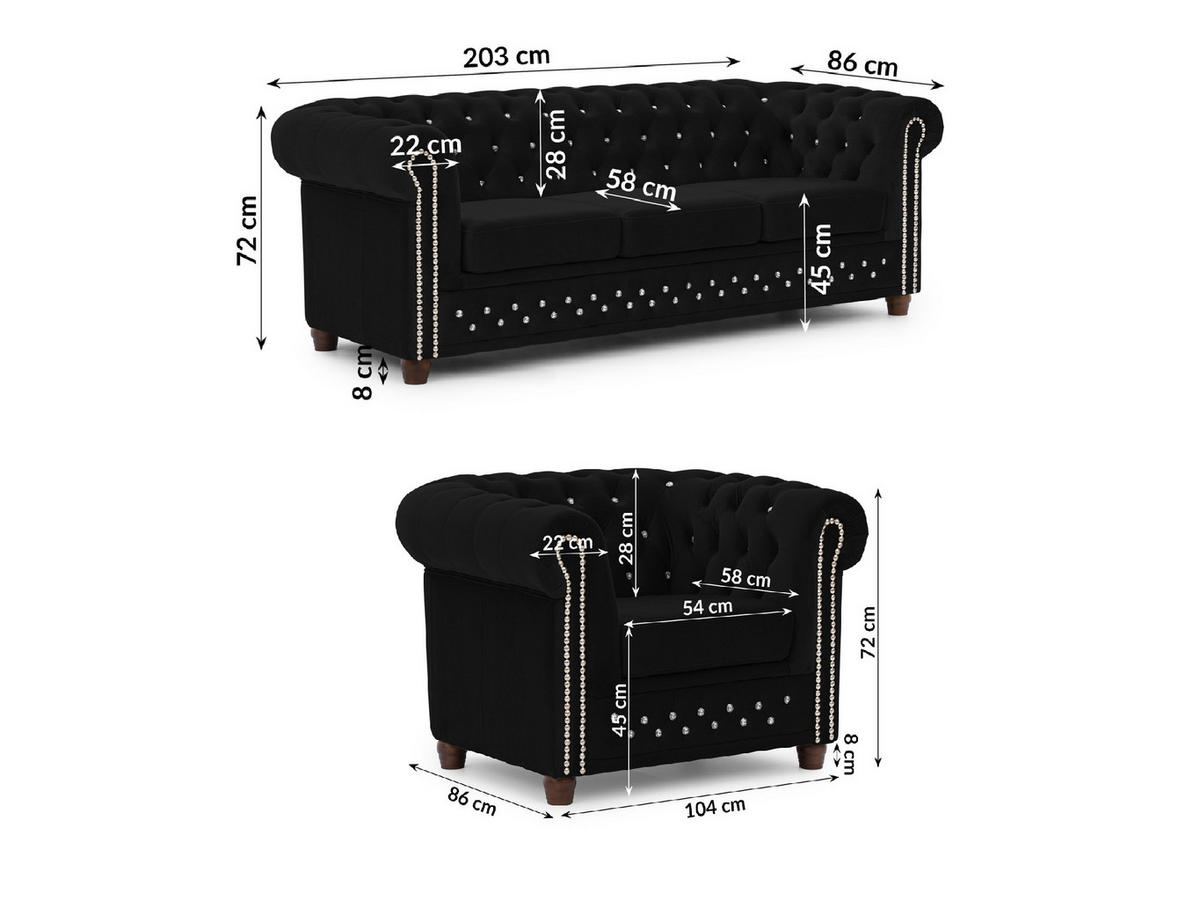 SITZGARNITUR 3+1 Chesterfield Cleo Blink Schwarz Samt mit Kristallsteppung und braunen Massivholzfüßen - Schwarz/Braun, Holz/Textil (203/72/86cm) - S-Style Möbel