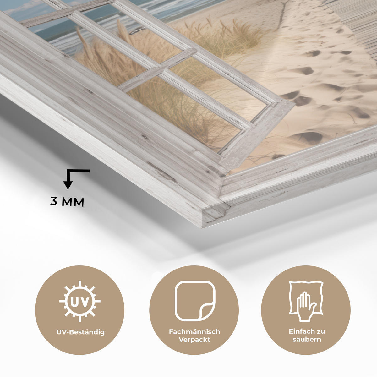 ACRYLGLASBILD Fenster - Meer - Küste - Natur - Ausblick - Strand - Wattenmeer 60x40 cm - Beige, Glas (60/40cm) - MuchoWow