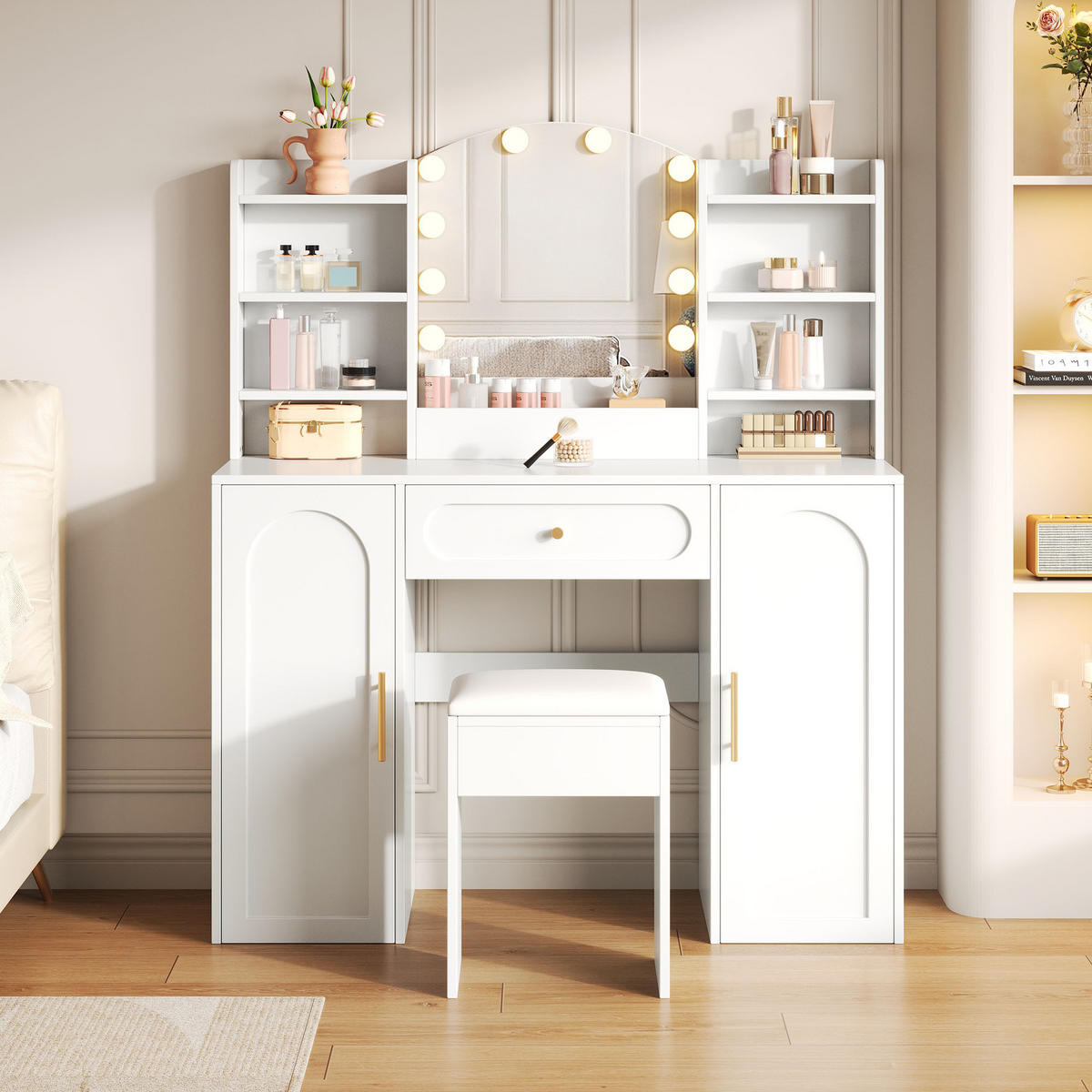 GROSSER Schminktisch mit LED-Spiegel, dimmbar, inkl. Hocker, 1 Schublade & 2 Türen, modern, Weiß, 110x40x132 cm - Weiß, Holz (40/132/110cm) - Ej. Life