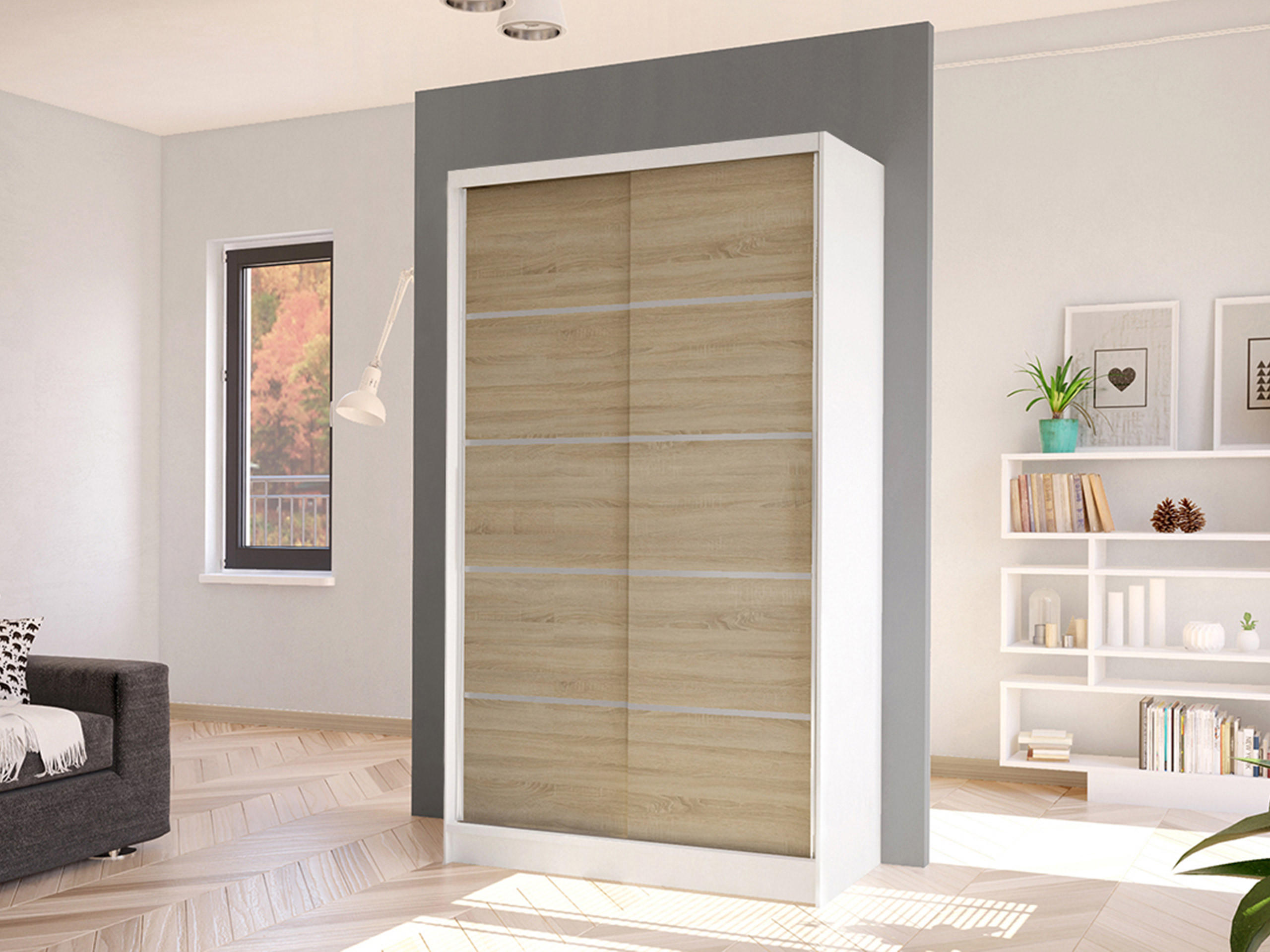 SCHWEBETÜRENSCHRANK Diego IV - Weiß/Sonoma Eiche, Holzwerkstoff/Metall (100/200/58cm) - MIRJAN24