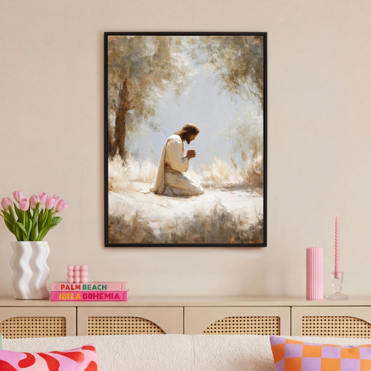 LEINWAND Bilder mit Rahmen - Jesus - Kniend - Waldlandschaft - Betend - 70x100 - Beige, Textil (70/100cm) - MuchoWow