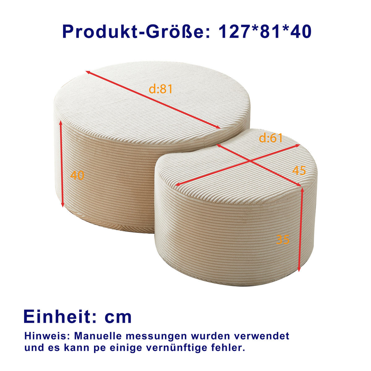 COUCHTISCH in Beige runder Kaffeetisch aus Schaumstoff, Set mit 2 Stück für Wohnzimmer, B127/T81/H40cm - Beige, Textil (81/127/40cm) - STILVORA