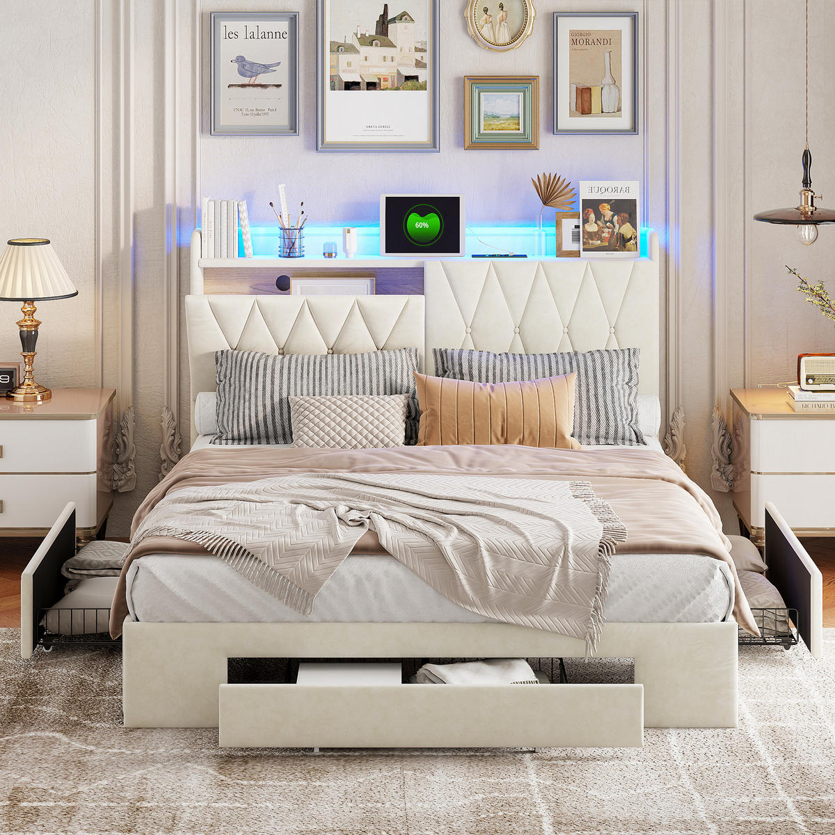 POLSTERBETT 160/200 cm mit Schubkasten‑Stauraum, LED‑Beleuchtung & USB‑Anschluss, Chesterfield‑Samtkopfteil - Beige, Holz/Metall (160/200cm) - Joyfair