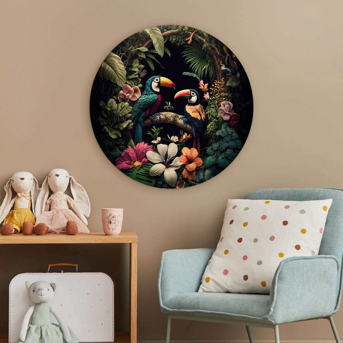 WANDBILD Vogel - Blumen - Pflanzen - Dschungel - Schwarz - Tukan Wanddeko Schlafzimmer 60x60 cm - Smaragdgrün, Kunststoff (60/60cm) - MuchoWow