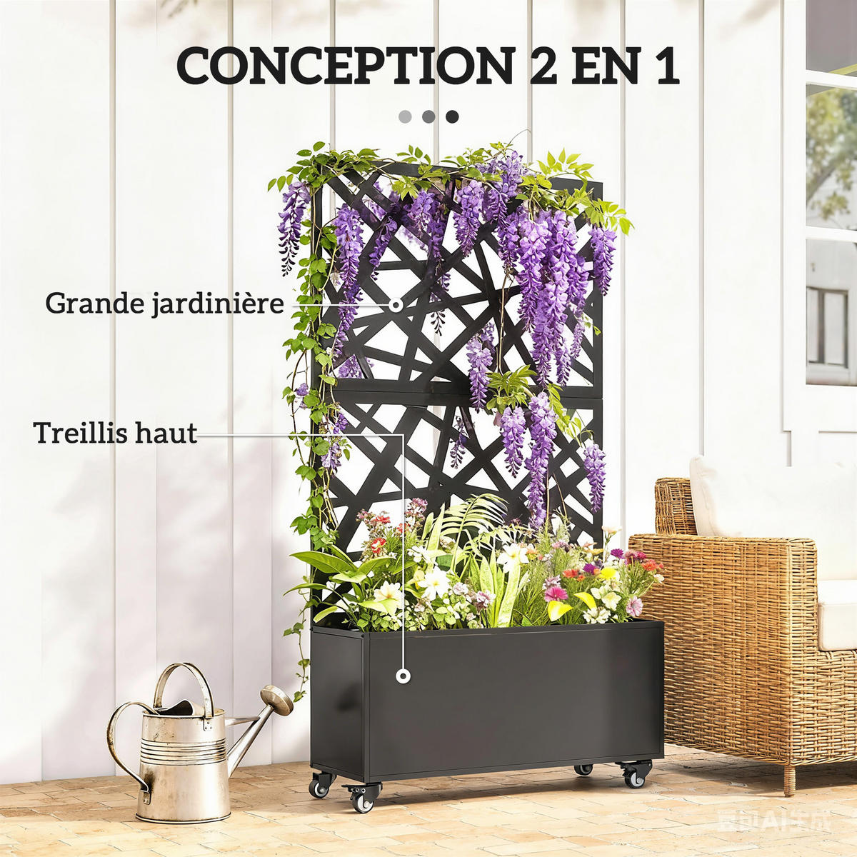 HOCHBEET DE-12295 mit Sichtschutz u. Rollen, 90/30/160 cm Schwarz - Schwarz, Metall (90/160/30cm) - ComfortXL
