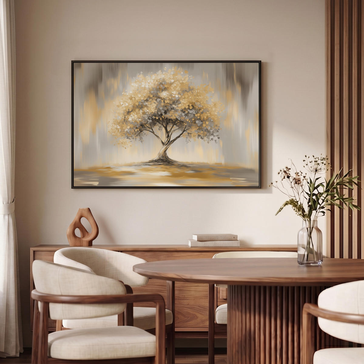 LEINWAND Bilder mit Rahmen - Gemälde - Baum - Abstrakt - Blätter - 90x60 - Beige, Textil (90/60cm) - MuchoWow